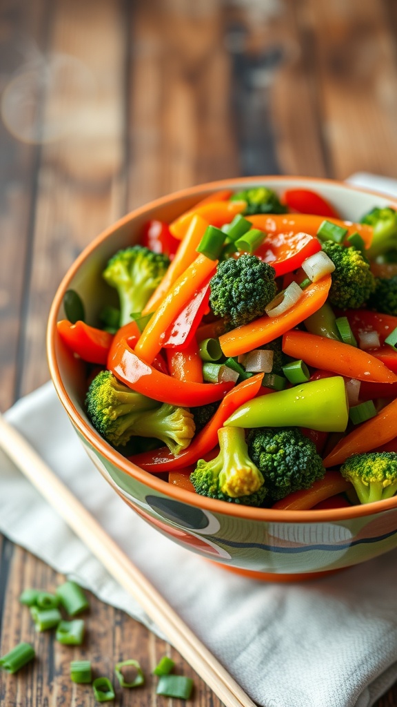 Zero Point Weight Watchers Vegetable Stir-Fry Recipe A colorful vegetable stir-fry with broccoli, bell peppers, snap peas, and carrots in a bowl, garnished with green onions.
